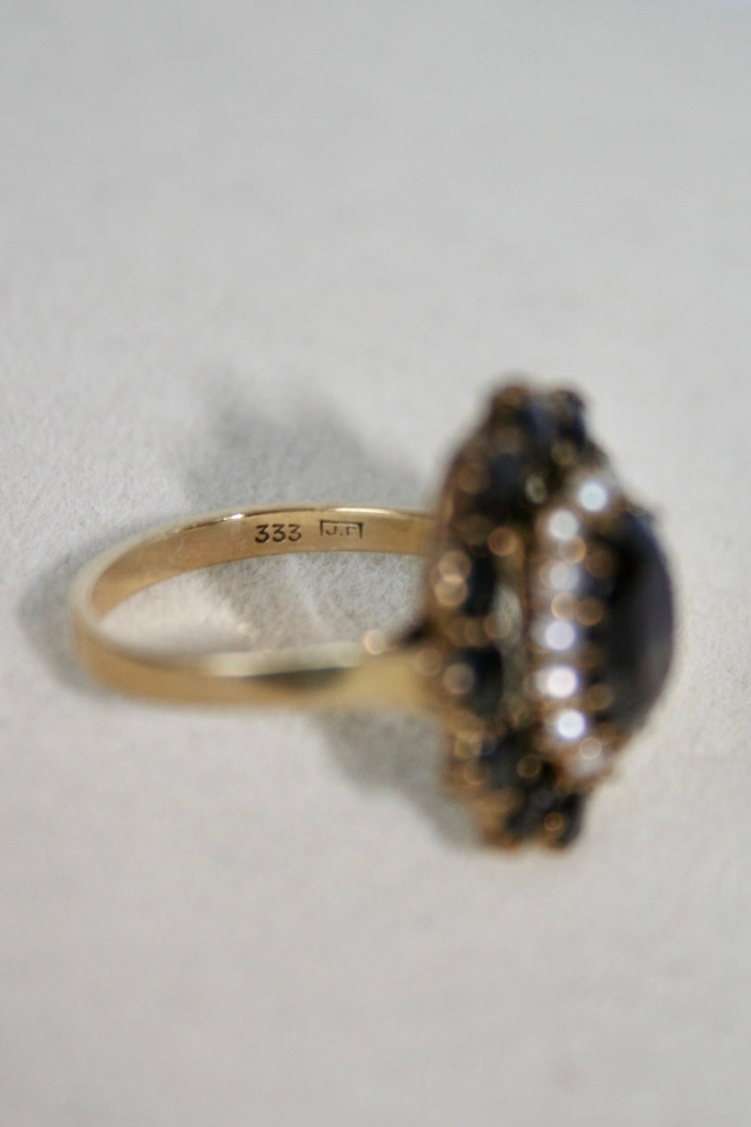 Victorian-Style 8K Gold Garnet and Pearl Ring