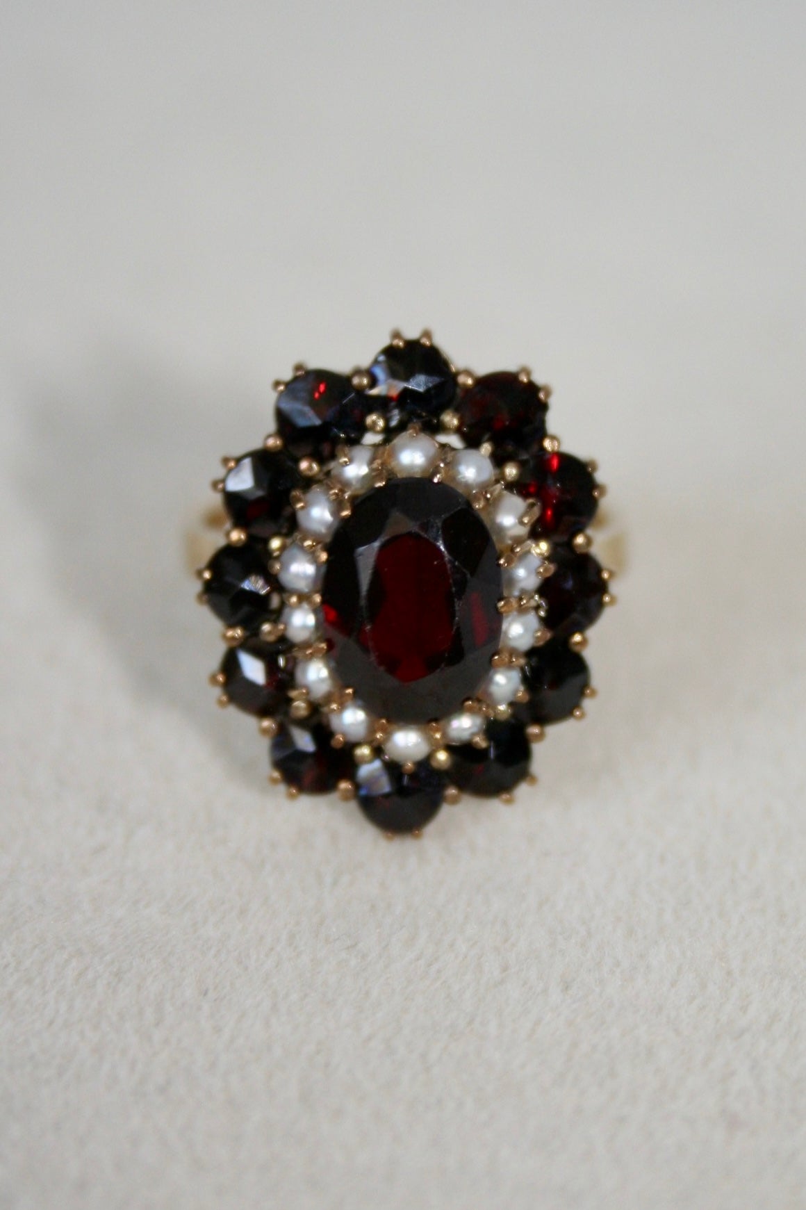 Victorian-Style 8K Gold Garnet and Pearl Ring